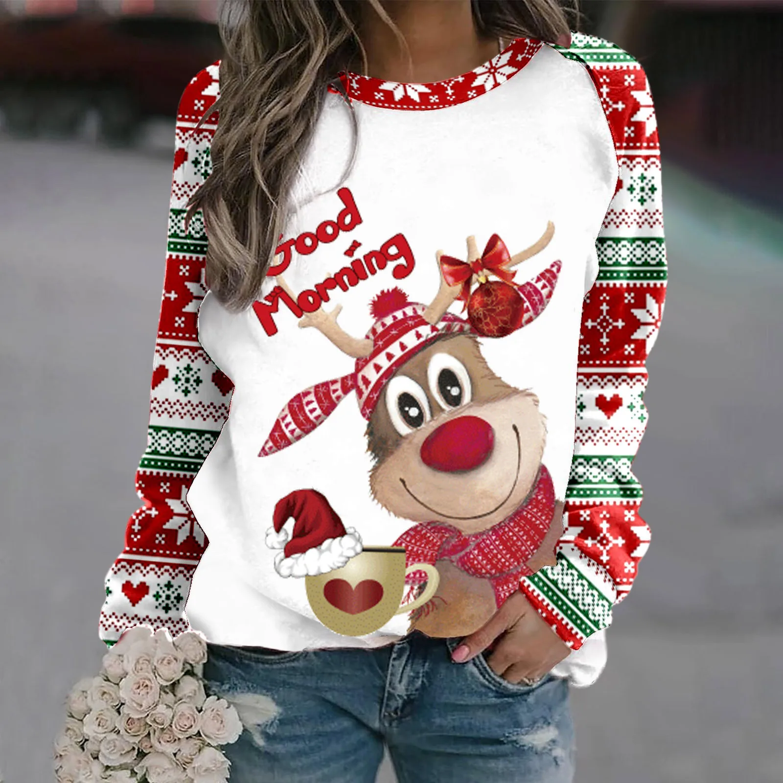 Sara | Warm 3D printed Christmas reindeer crew neck sweater for women - Image 4