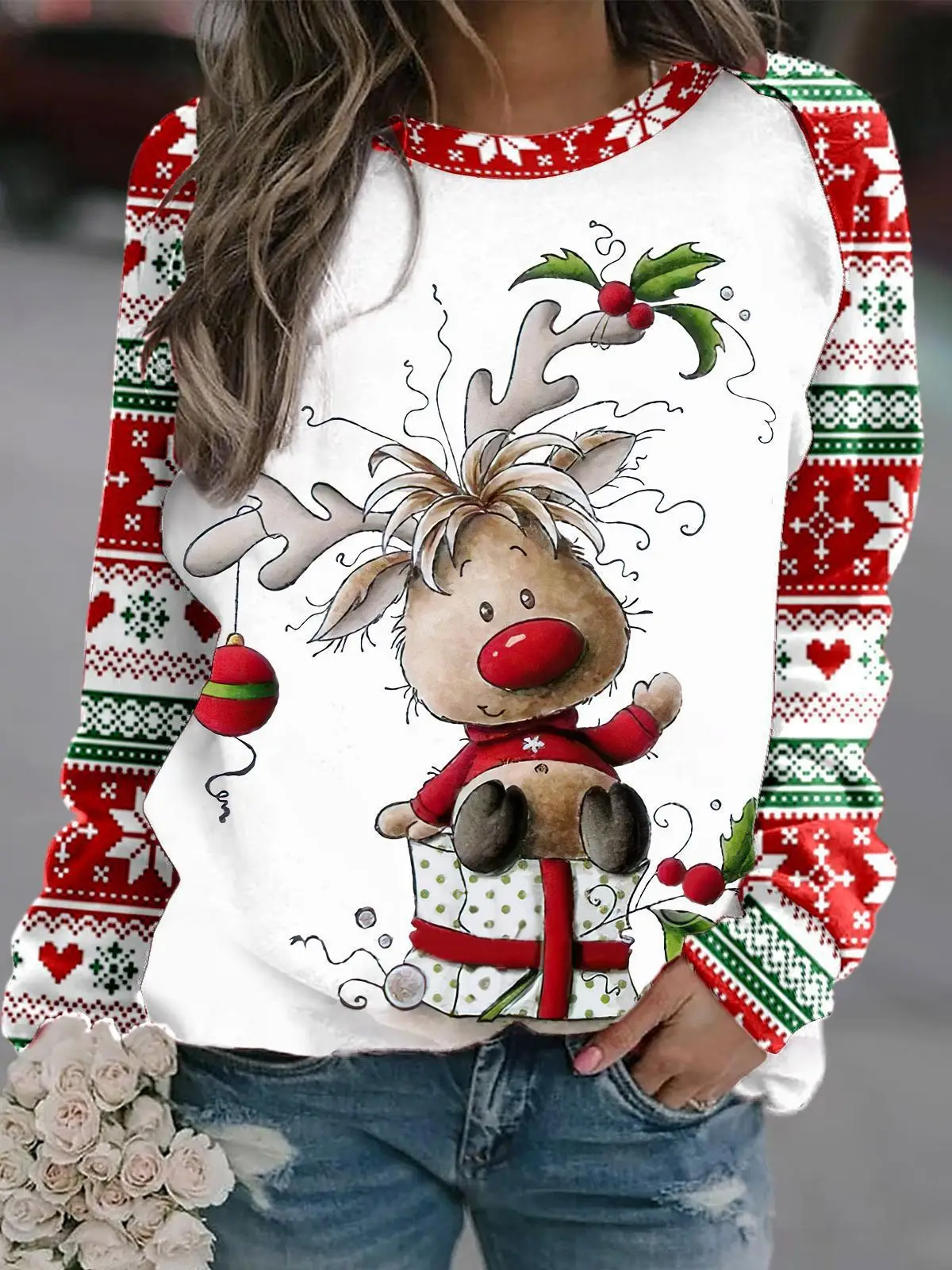 Sara | Warm 3D printed Christmas reindeer crew neck sweater for women - Image 7