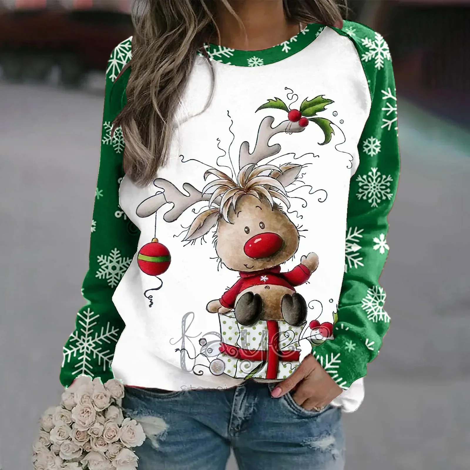 Sara | Warm 3D printed Christmas reindeer crew neck sweater for women - Image 9