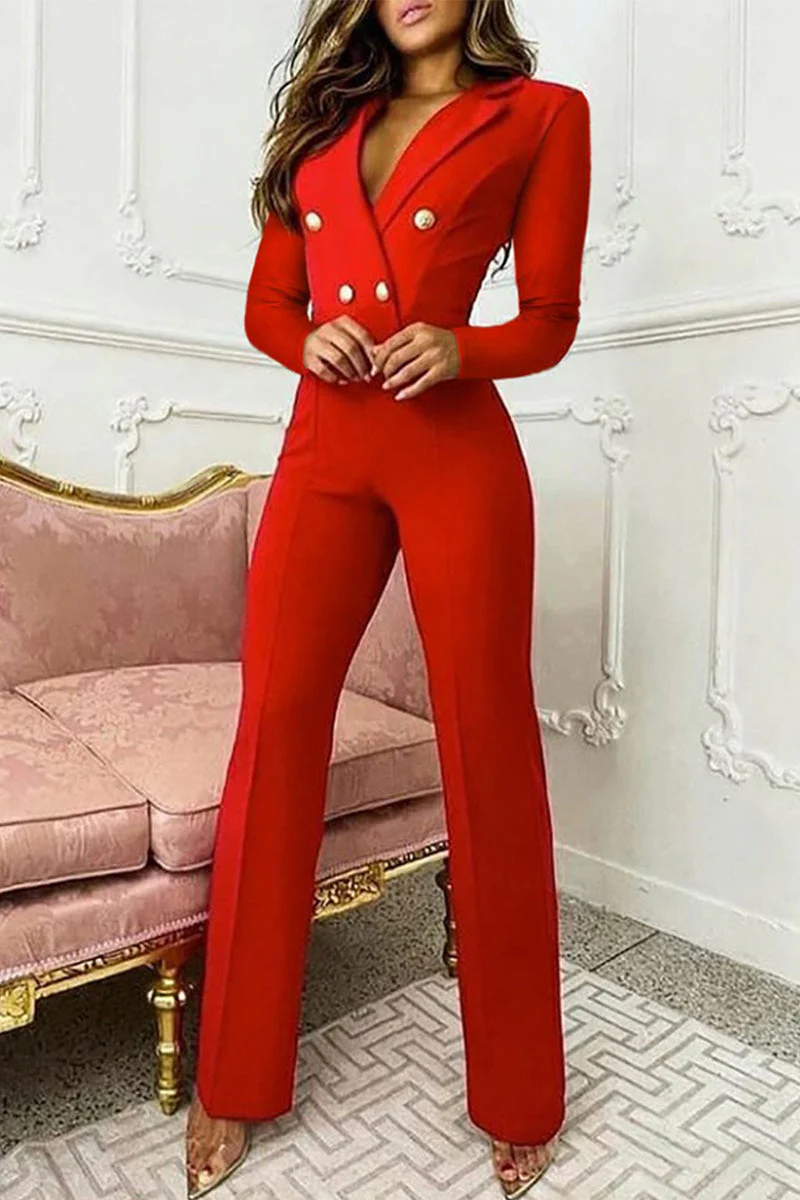 Selena | Elegant regular jumpsuits with solid color buttons and lapel collar - Image 2
