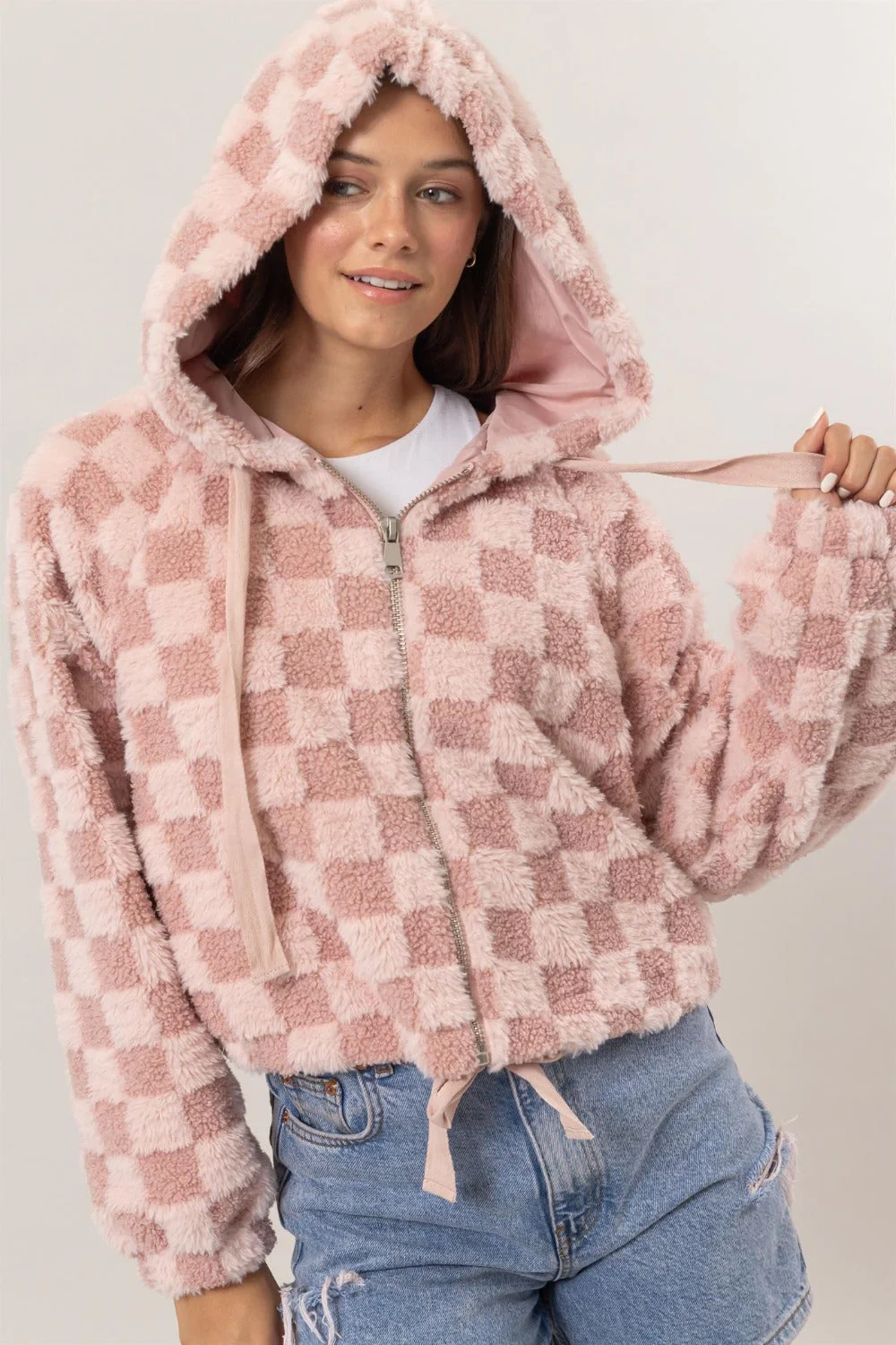 Silvia | Checked Sherpa zip hoodie jacket