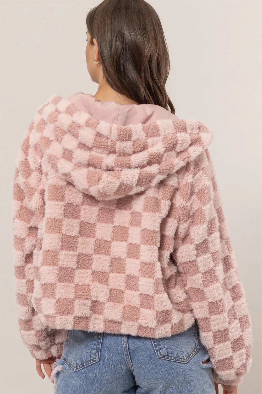 Silvia | Checked Sherpa zip hoodie jacket - Image 2