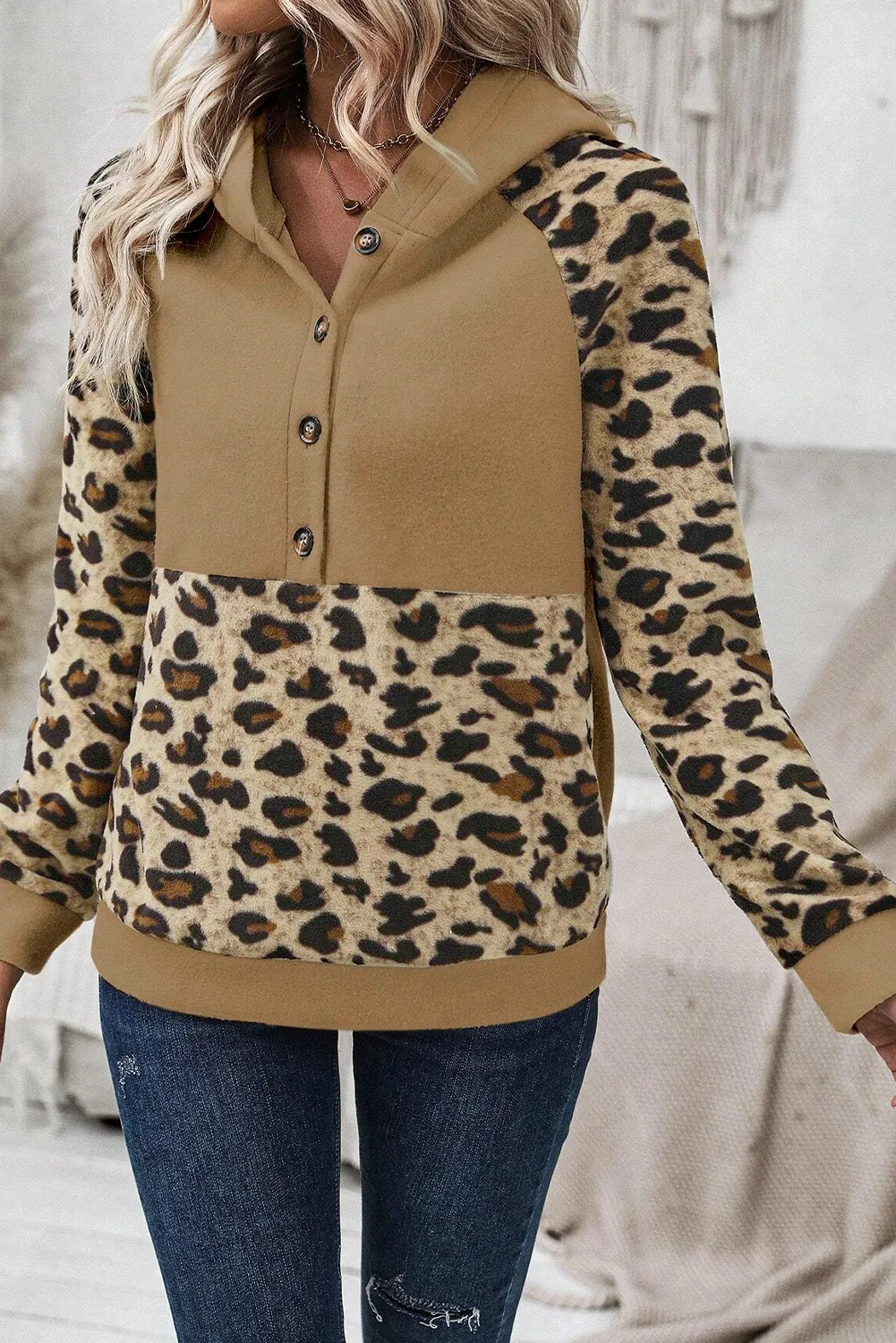 Silvia | Long sleeve leopard print half button hoodie - Image 2
