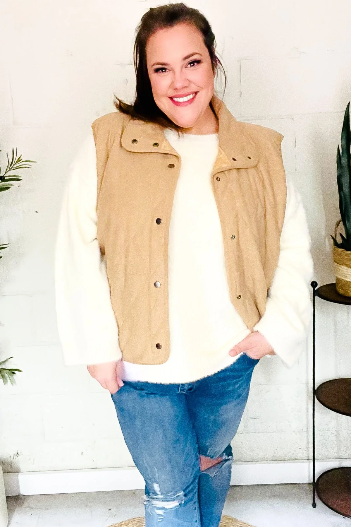 Simona | Fall Vibes Taupe Quilted Corduroy Snap Vest - Image 5