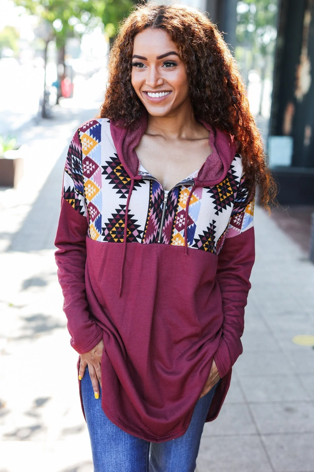 Solange | Standout longline half zip hoodie with tribal print in burgundy - Image 3