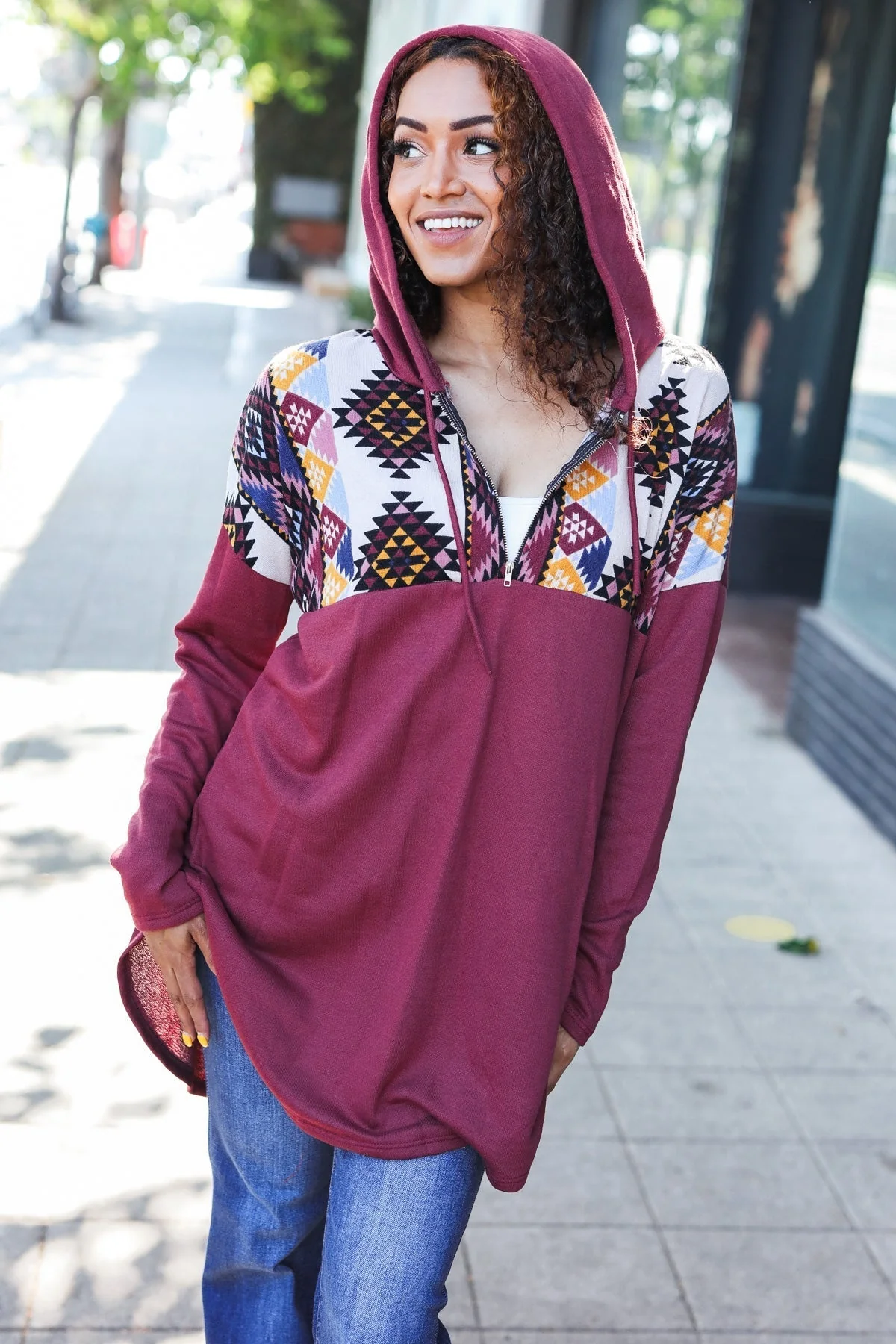 Solange | Standout longline half zip hoodie with tribal print in burgundy - Image 4