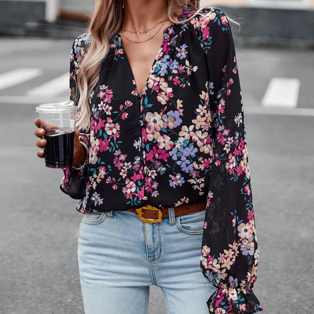 Sophia® | Elegant Floral Long-Sleeved V-Neck Blouse - Image 3