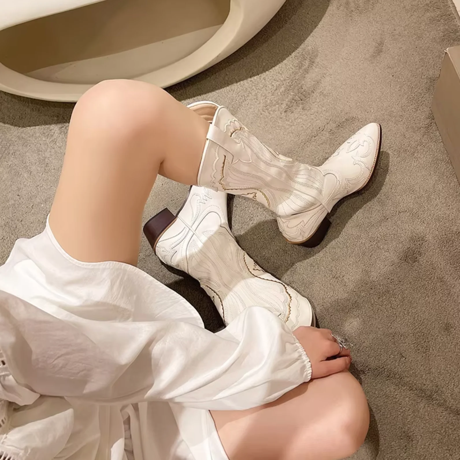 Soraya | Embroidered leather mid-calf boots - Image 2