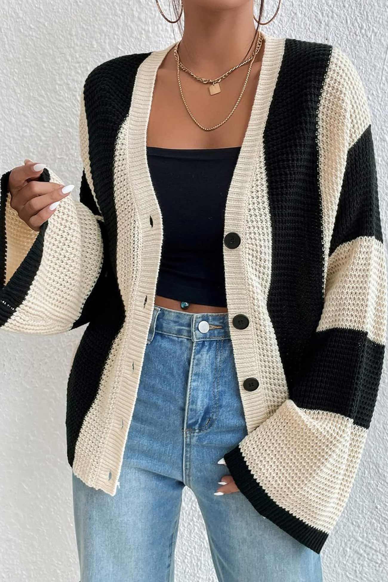 Stefania | Cardigan with contrasting stripes and flared sleeves - Image 5