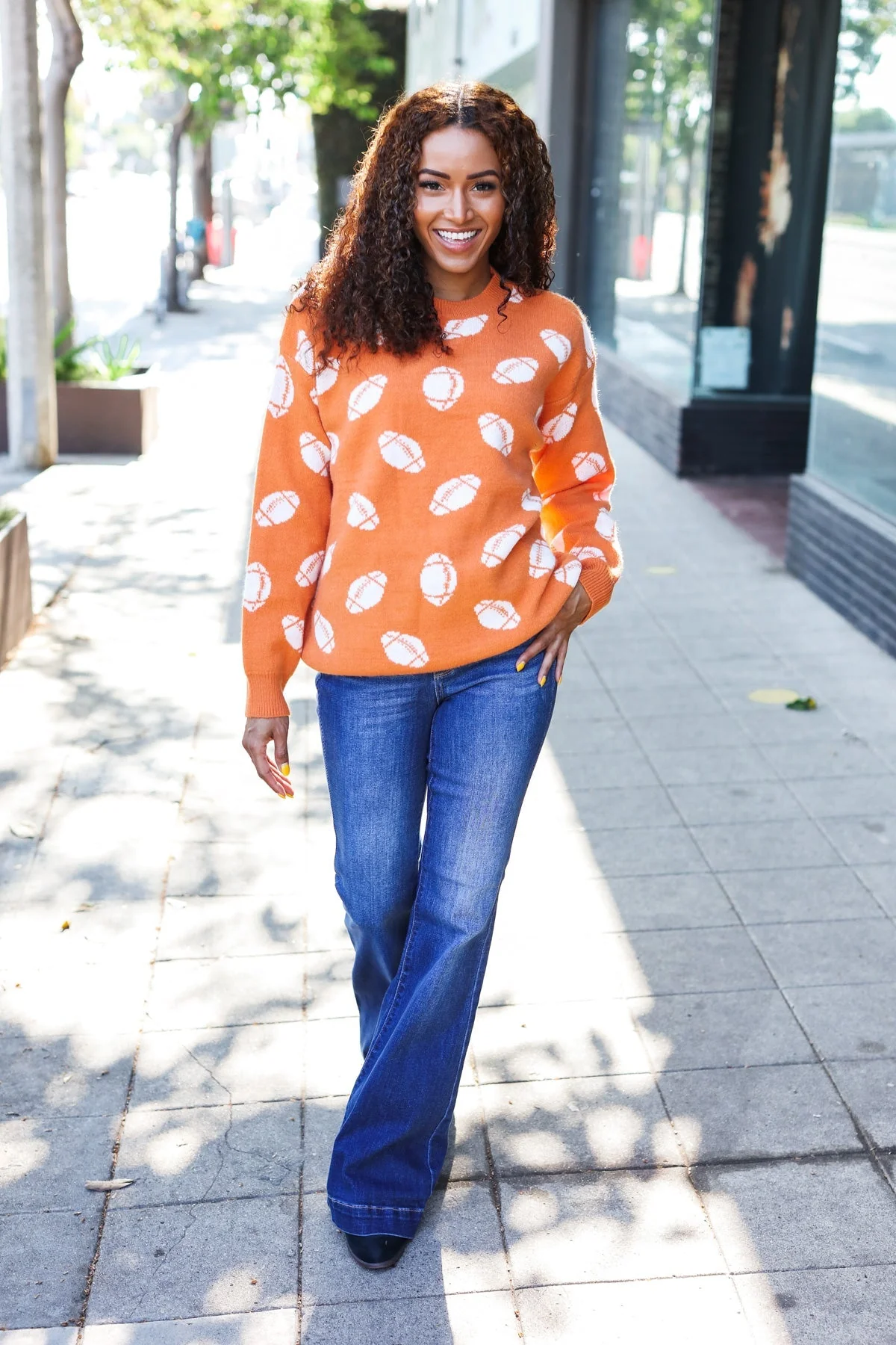 Stefania | Game Day Orange Football Print Jacquard Knit Jumper - Image 11