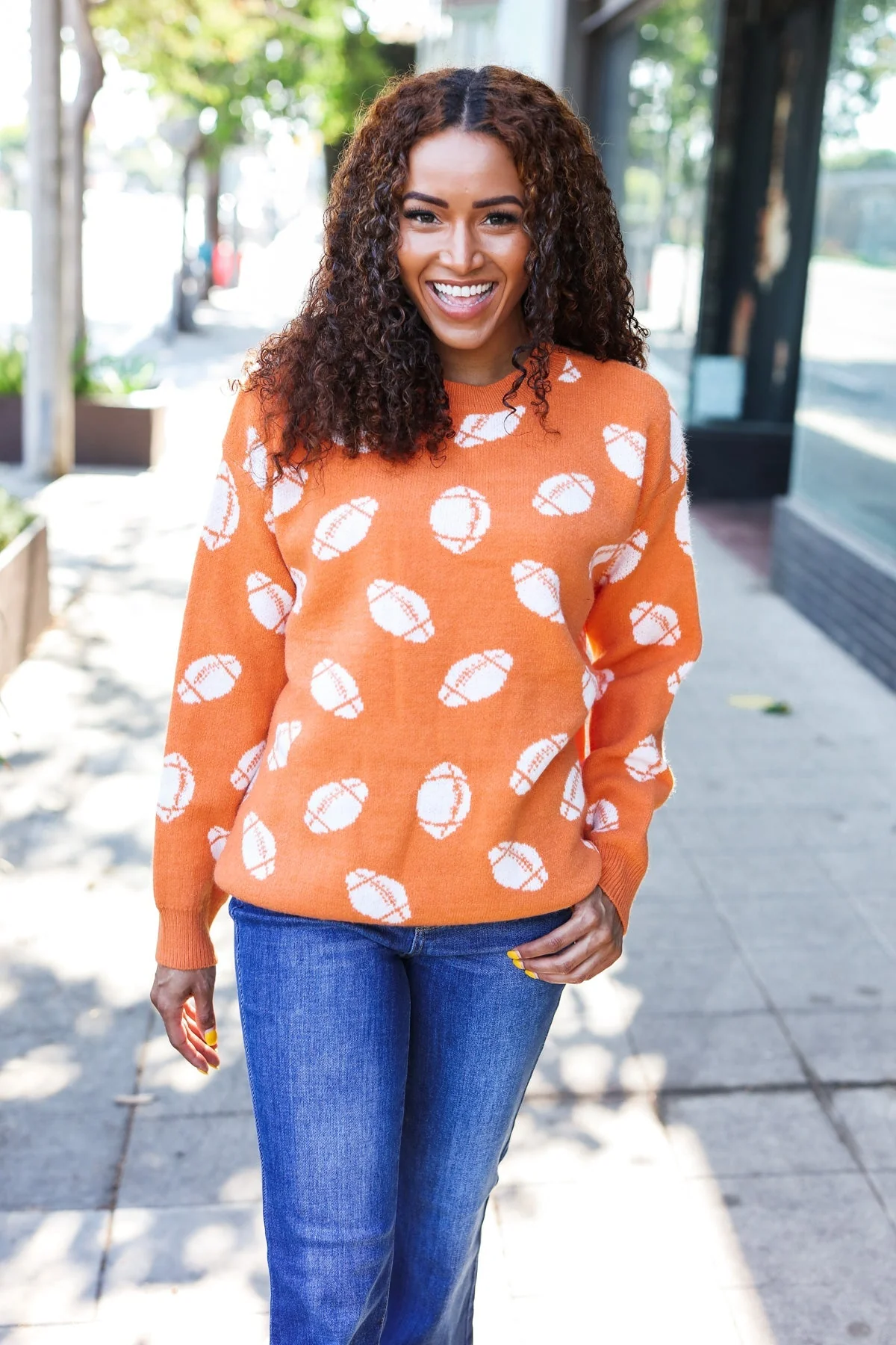 Stefania | Game Day Orange Football Print Jacquard Knit Jumper - Image 3