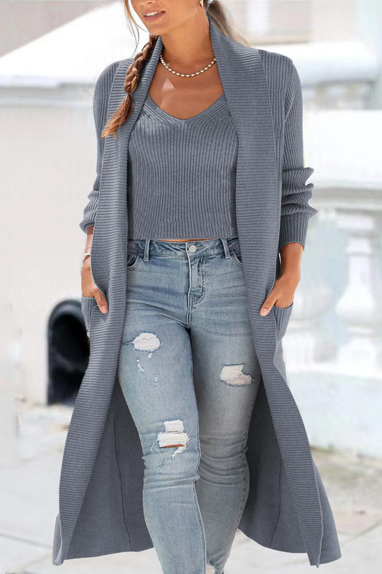 Tabea | Two piece set of ribbed knit vest cardigan - Image 3