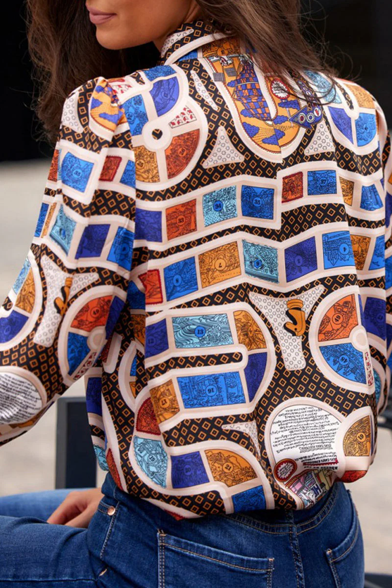 Tatiana | Elegant printed patchwork shirt collar tops - Image 3