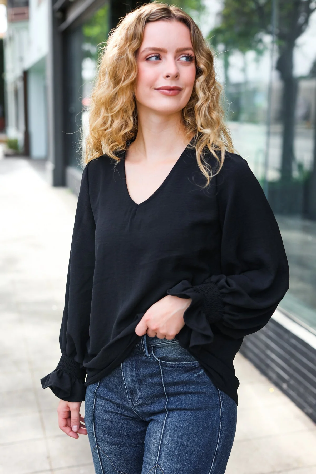 Tatiana | Hello beautiful black smocked woven top with bubble sleeves - Image 7