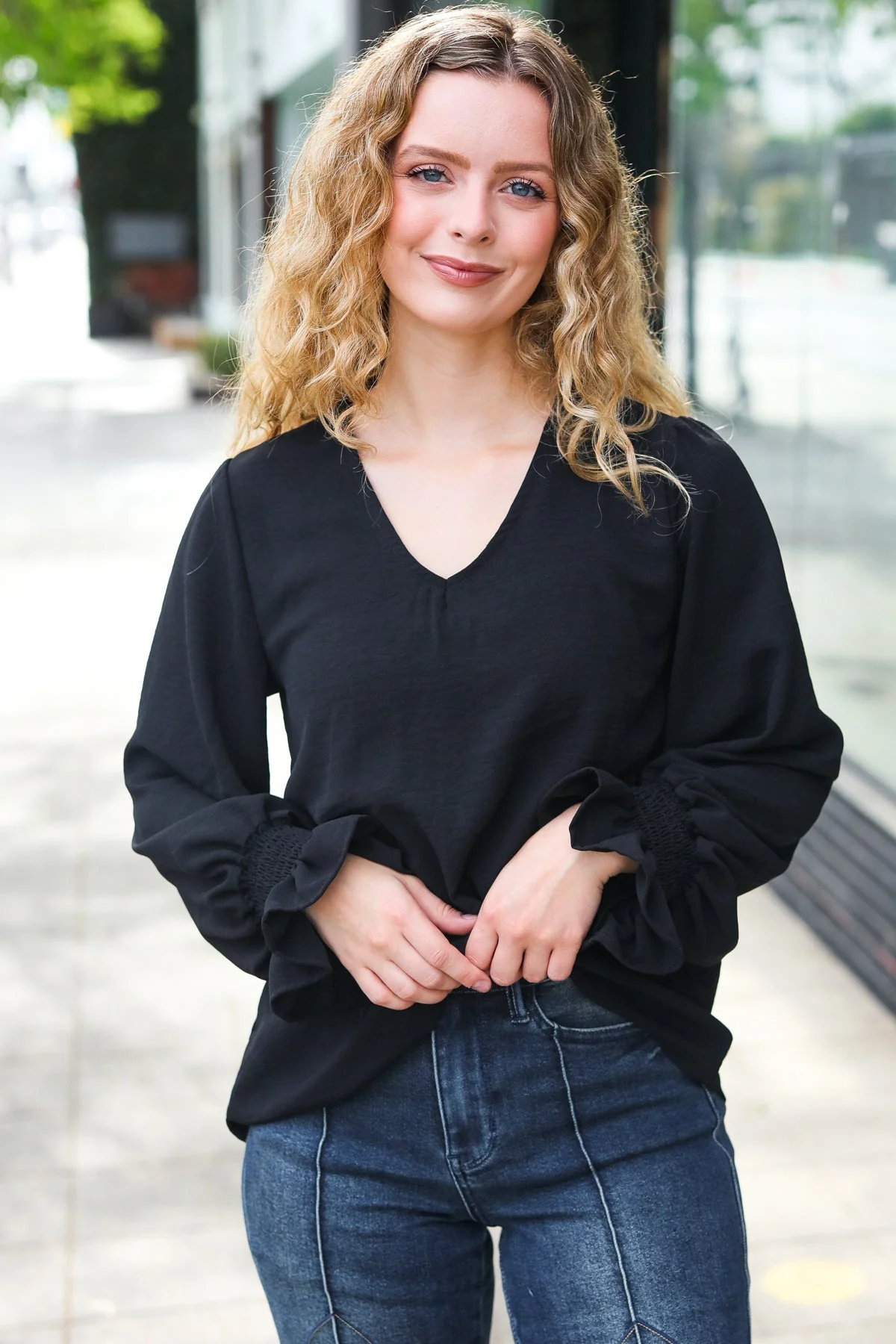 Tatiana | Hello beautiful black smocked woven top with bubble sleeves - Image 9