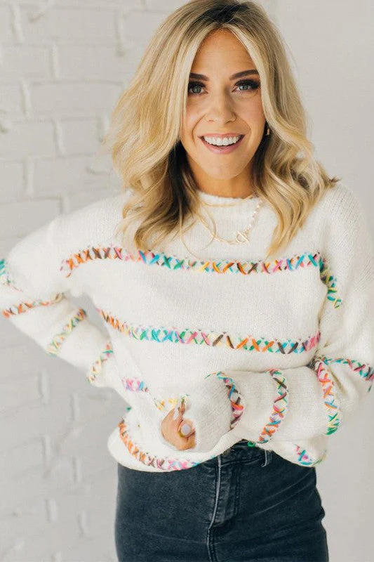 Tatiana | White sweater with crossed seams and dropped shoulders