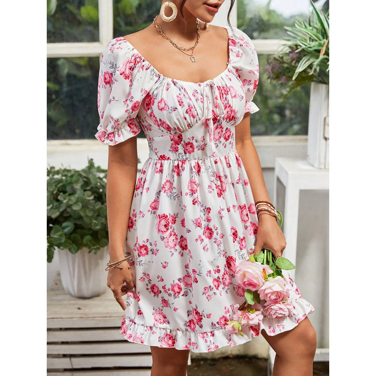 Tatiana® | Women'S Floral Basic Dress With Puff Sleeves And Adjustable Neckline - Image 2