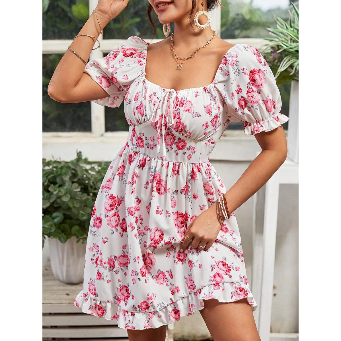 Tatiana® | Women'S Floral Basic Dress With Puff Sleeves And Adjustable Neckline - Image 6