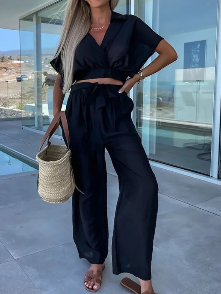 Tea® | Elegant V-Neck Top And Pants Set - Image 3