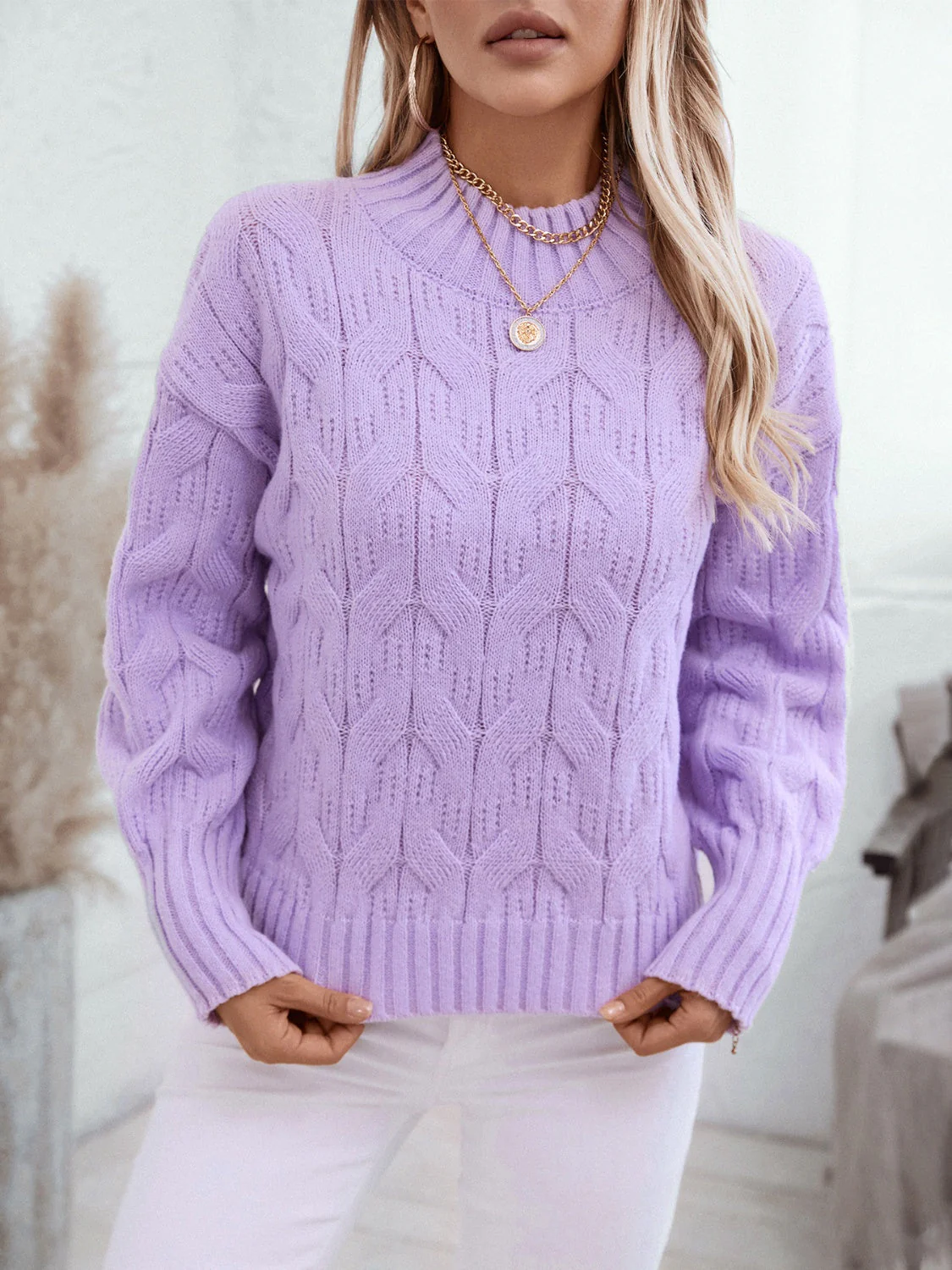 Teodora | Long-sleeved sweater with cable knit and stand-up collar - Image 5