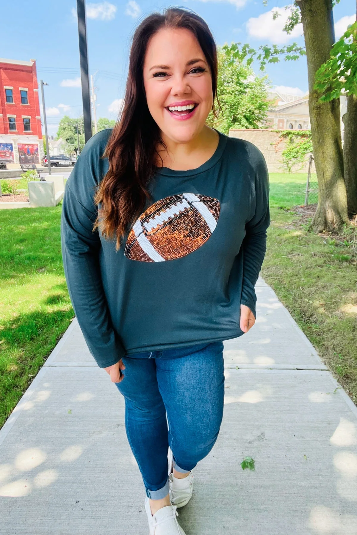 Tereza | Game Day Forest Green Sequin Terry Top with Football Patch - Image 3