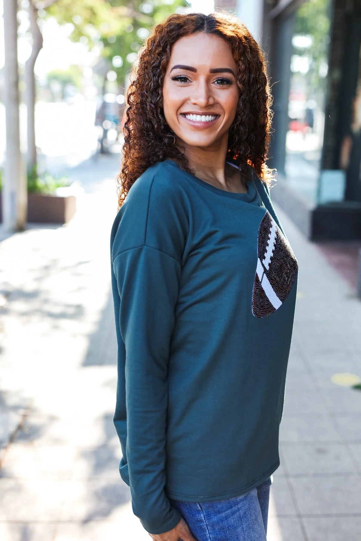 Tereza | Game Day Forest Green Sequin Terry Top with Football Patch - Image 8