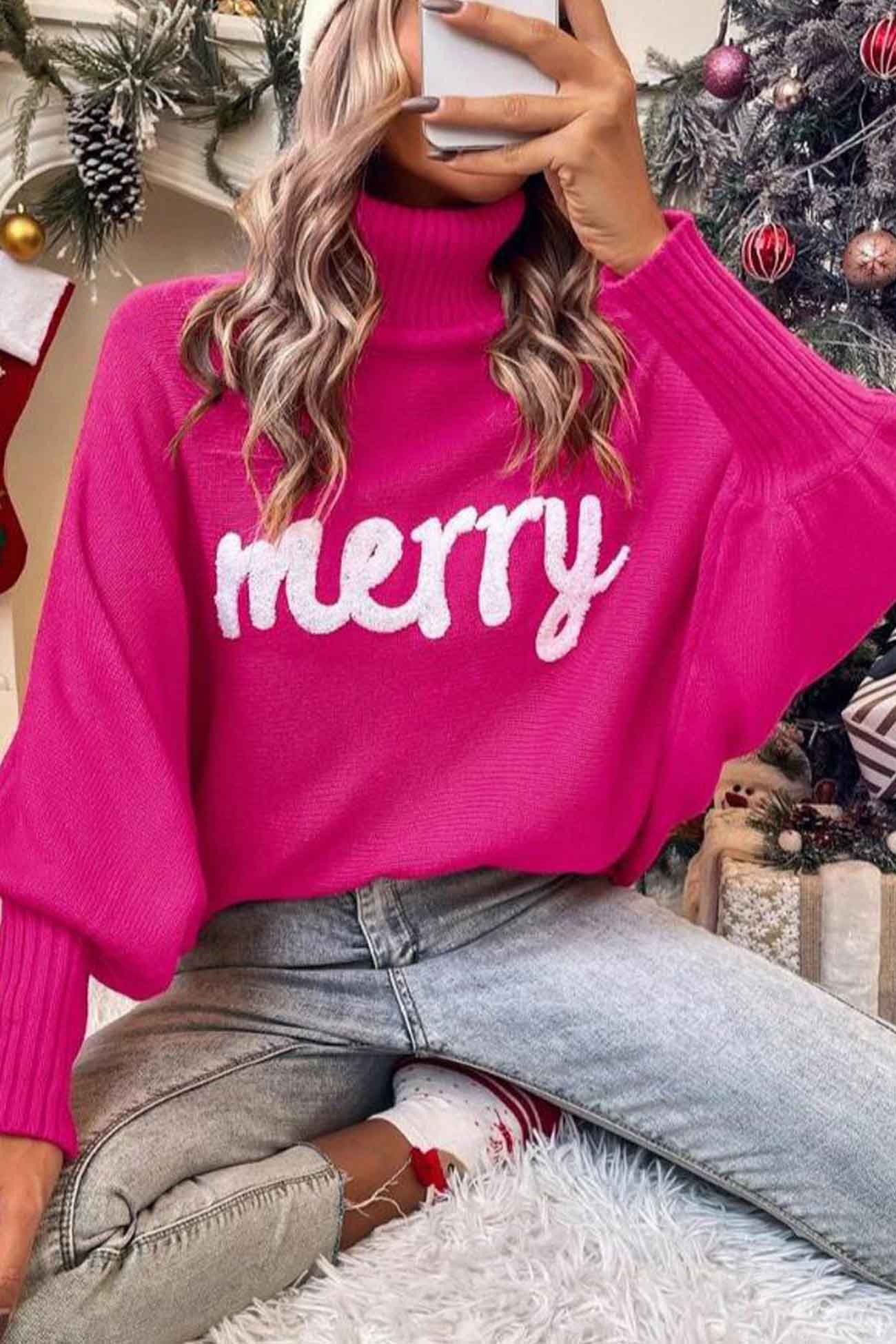 Theresa | Cheerful turtleneck knit sweater with printed sleeves - Image 3