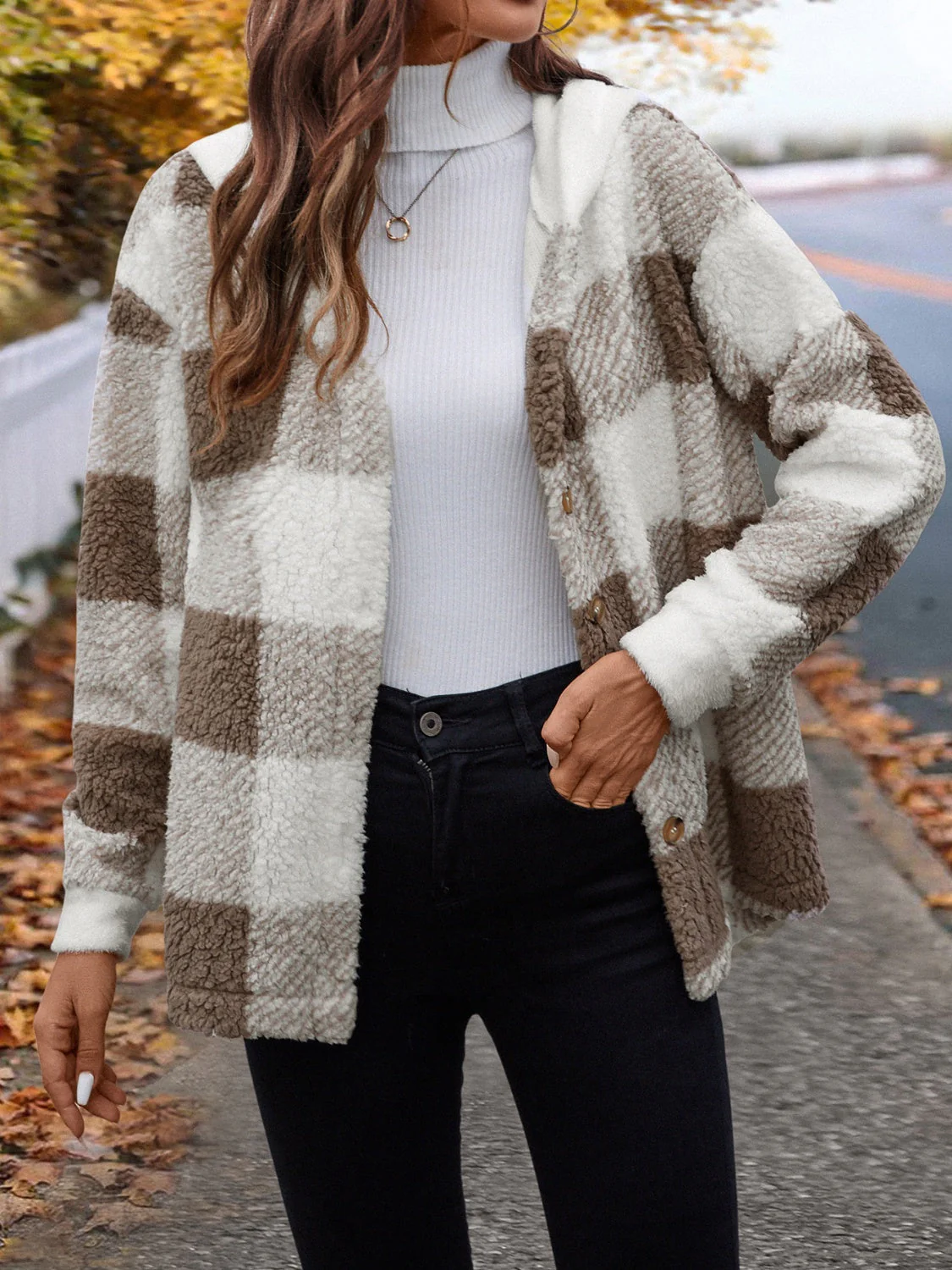 Ursula | Fluffy checked hooded jacket with buttons