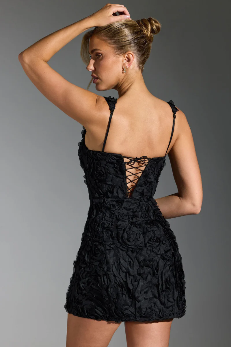 Vania® | Floral Lace-Up Square Neck Mini Dress In Black - Image 8