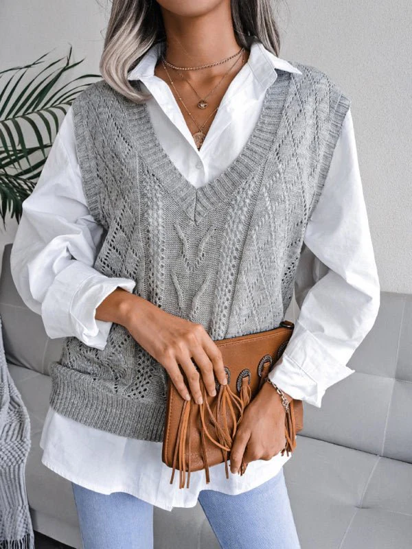 Vega® | Women'S Knitted Sweater With Hollow Out Fried Dough And V-Neck - Image 10