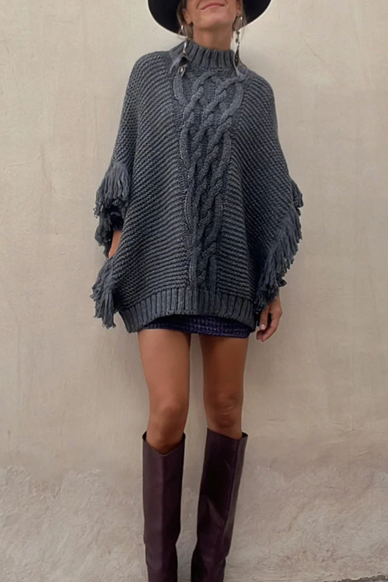 Verónica | Casual outerwear with solid color tassel patchwork and O-neck - Image 3