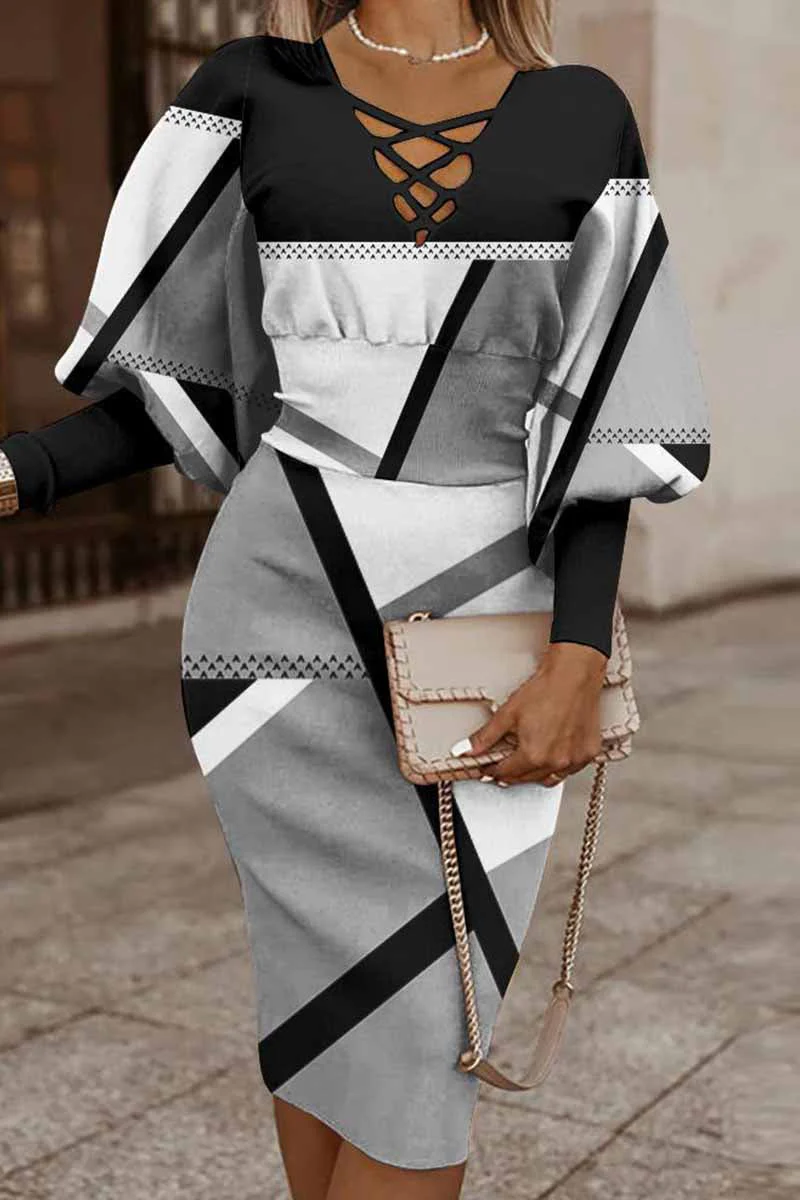 Verónica | Casual printed patchwork dresses with V-neck and long sleeves