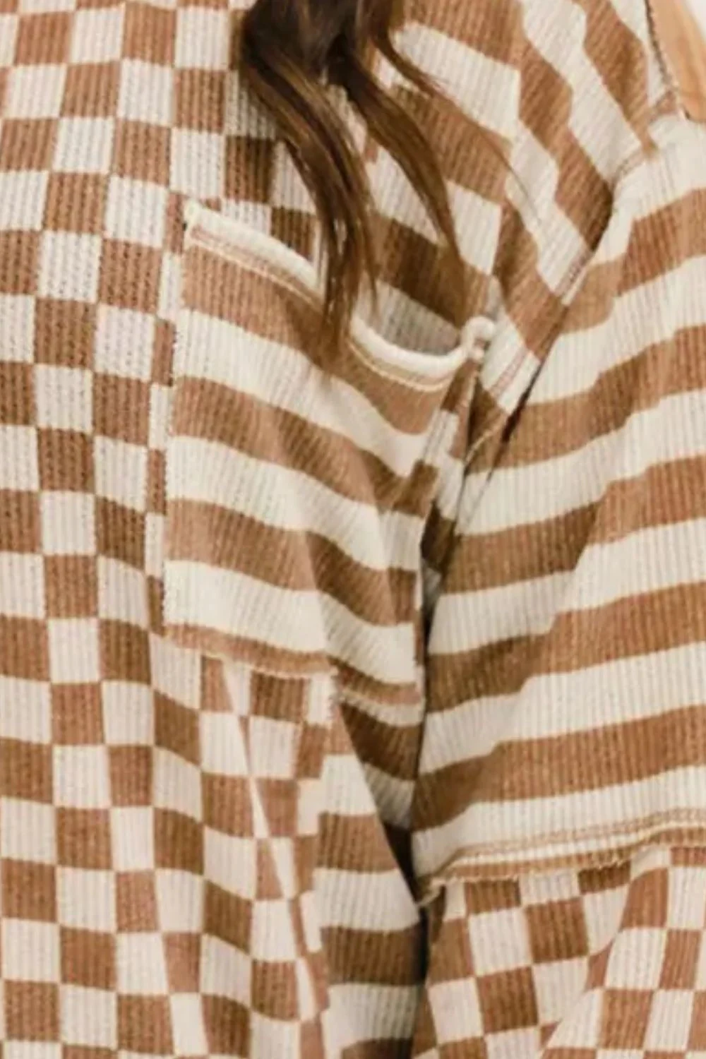 Victoria | Plus size striped check long sleeve top with round neckline - Image 2