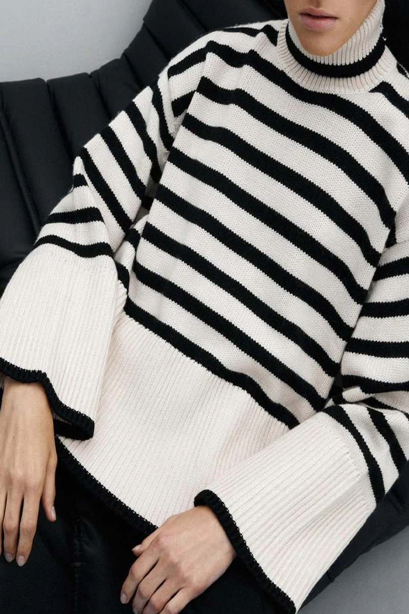 Vilma | Casual striped asymmetrical turtleneck tops with slit - Image 6