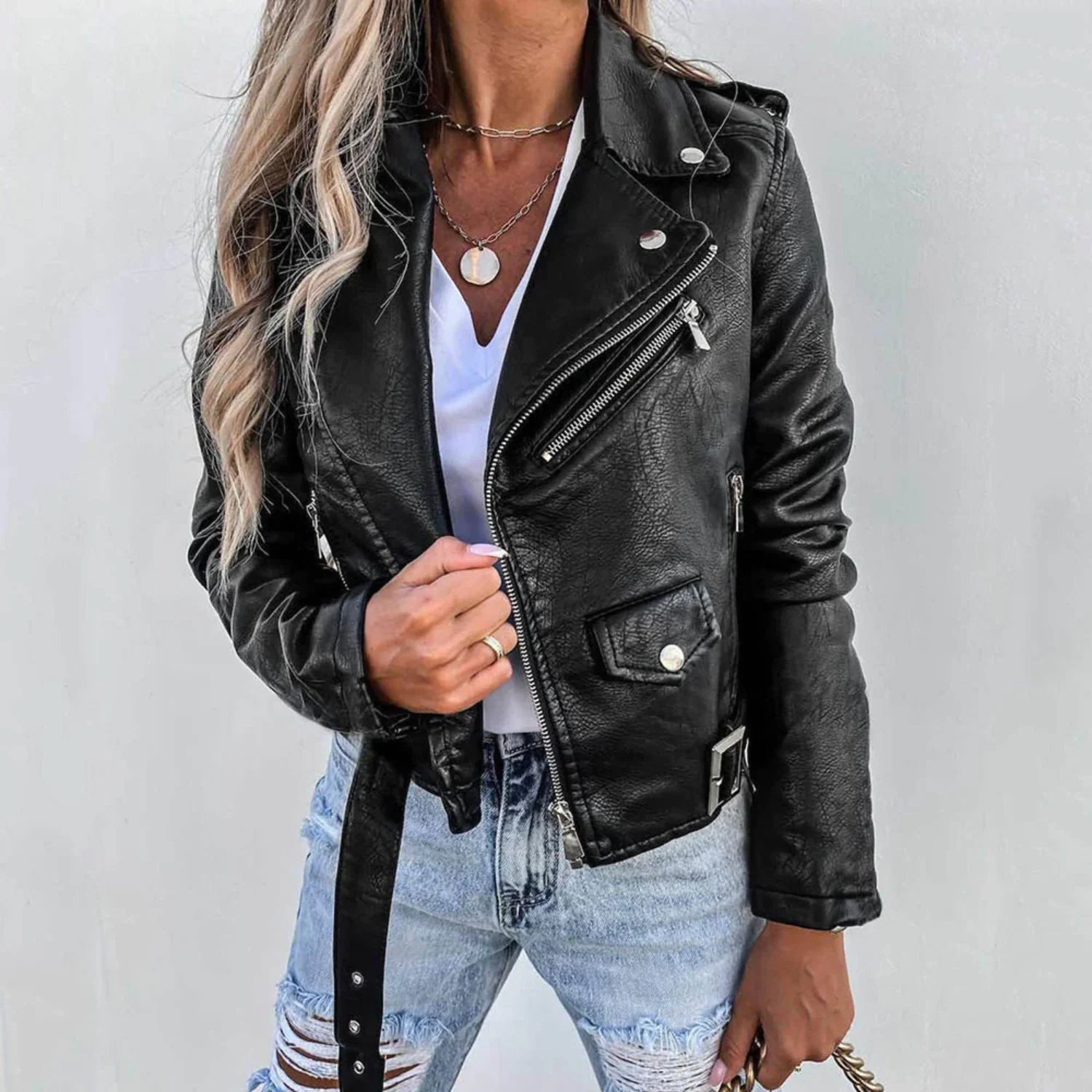 Viola | Elegant women's leather jacket with buttons - Image 2