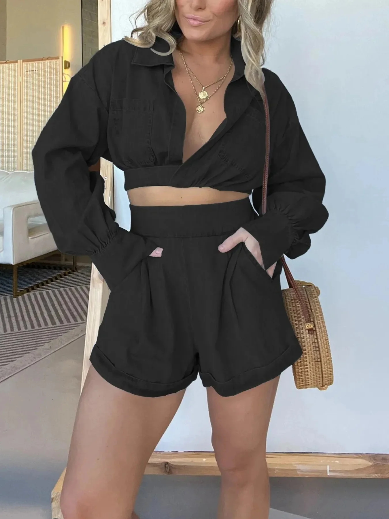 Vittoria® | Stylish Long-Sleeved Denim Tee And Shorts Set - Image 2