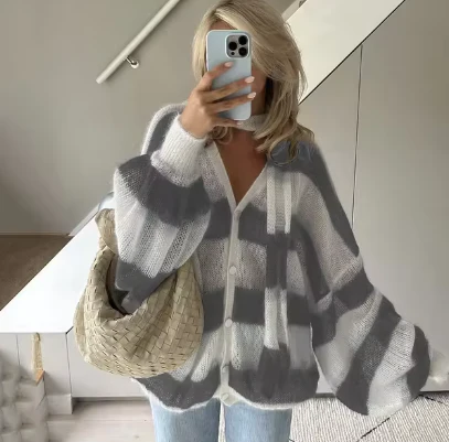 Yara | Striped women's sweater with scarf - Image 3