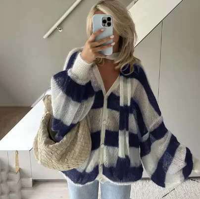 Yara | Striped women's sweater with scarf - Image 5