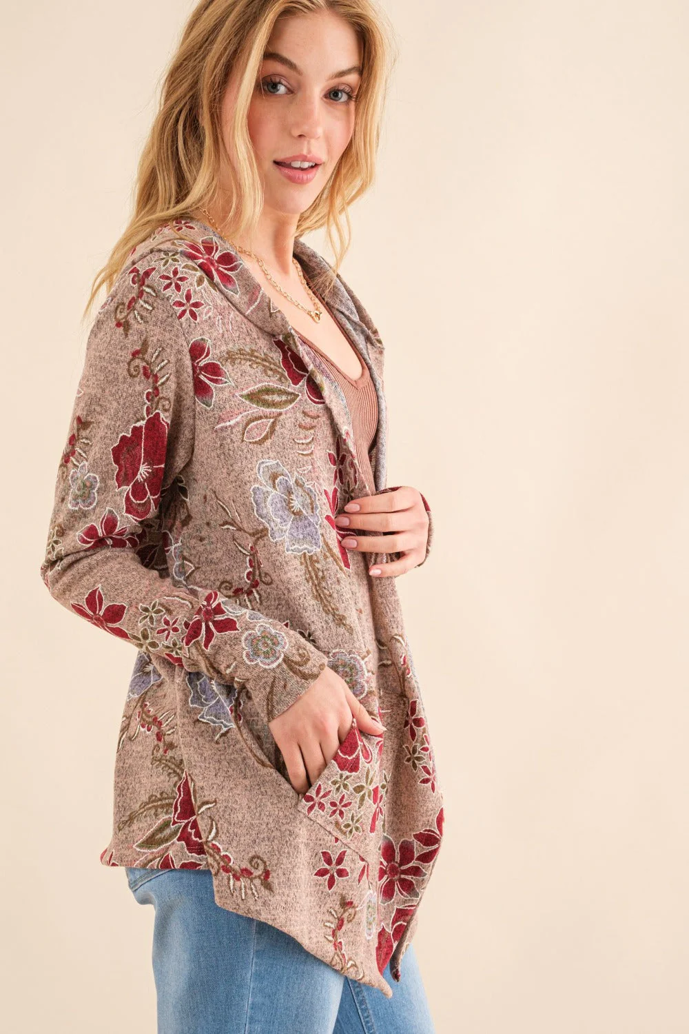 Yasmina | And the Why Floral thermal cardigan with hood and open front - Image 3