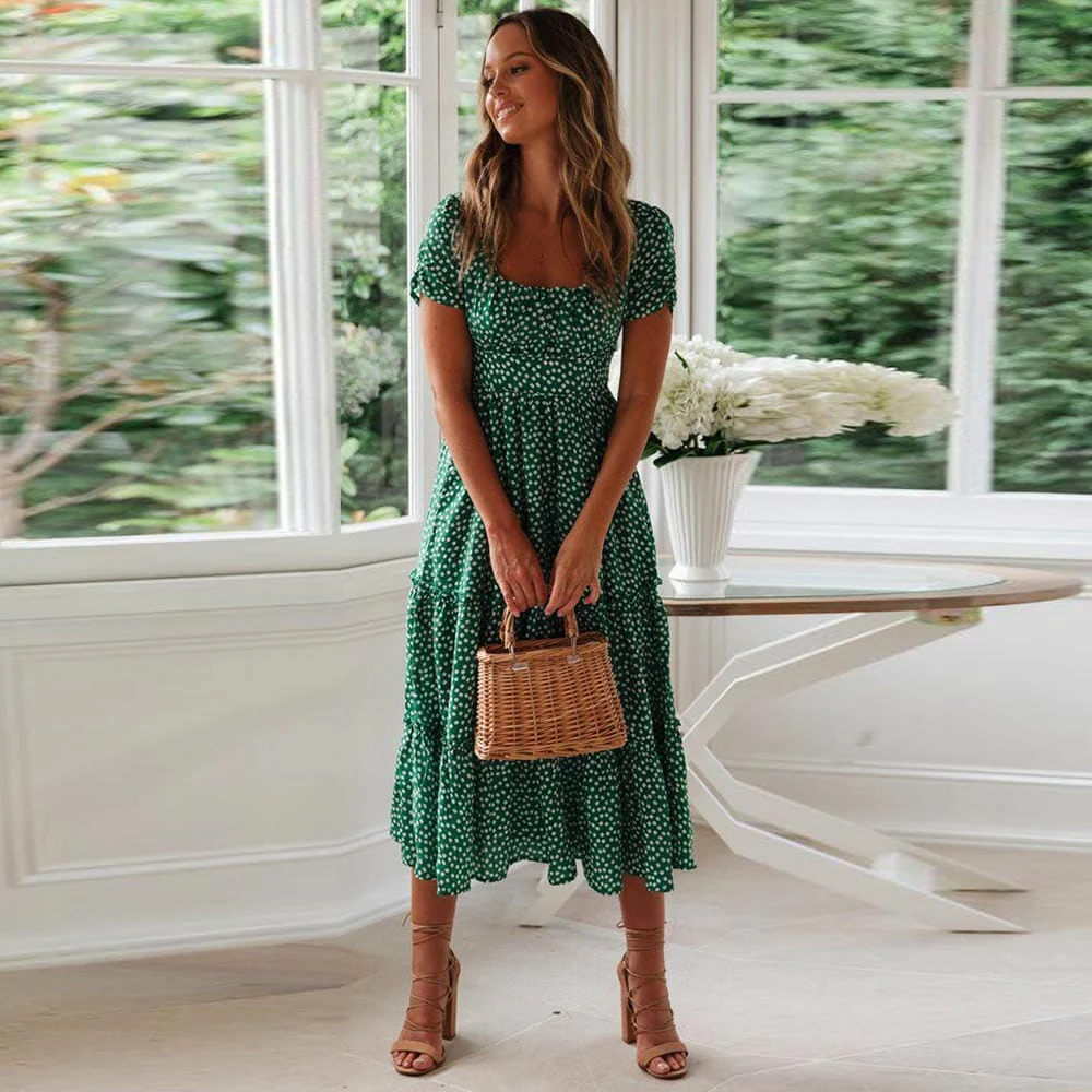 Yasmina® | Bohemian Green Midi Dress With Puff Sleeves