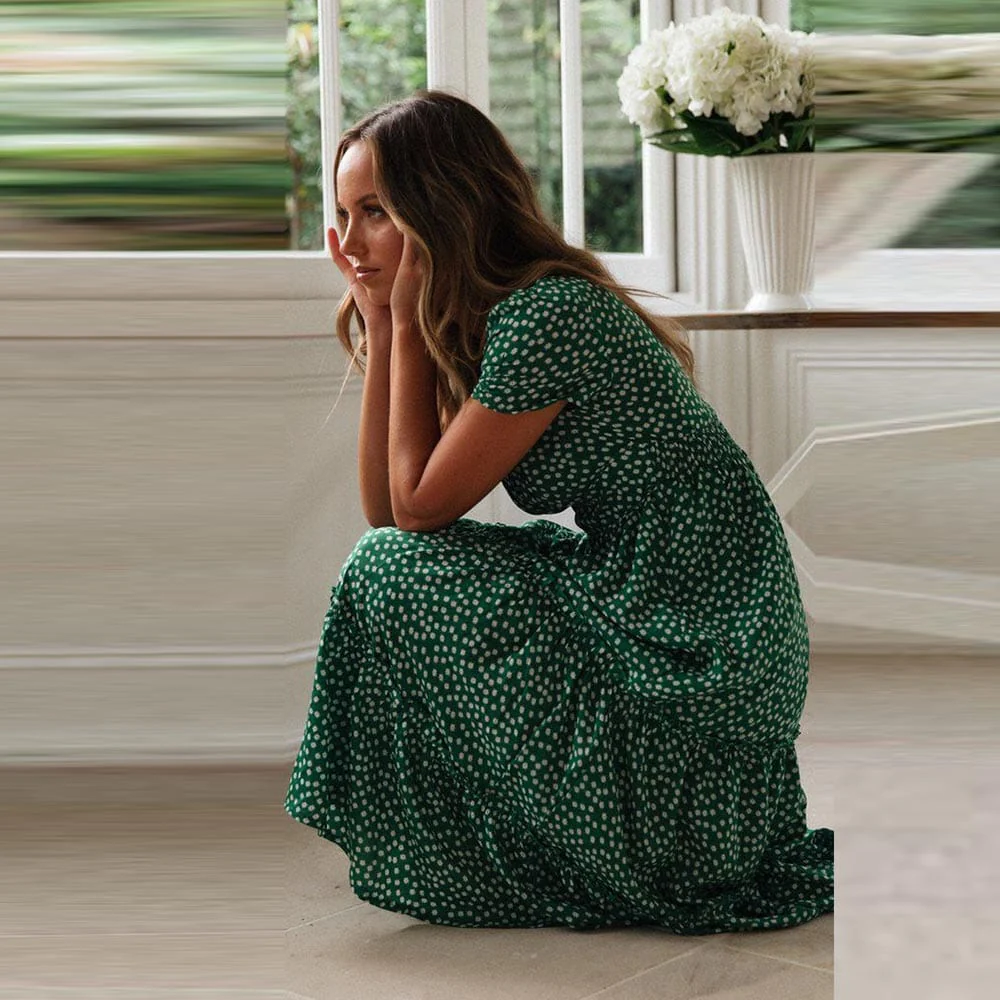 Yasmina® | Bohemian Green Midi Dress With Puff Sleeves - Image 2