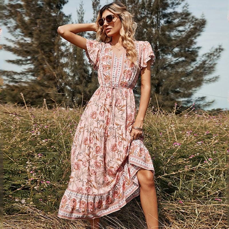 Yoselin® | Pink Bohemian Midi Dress