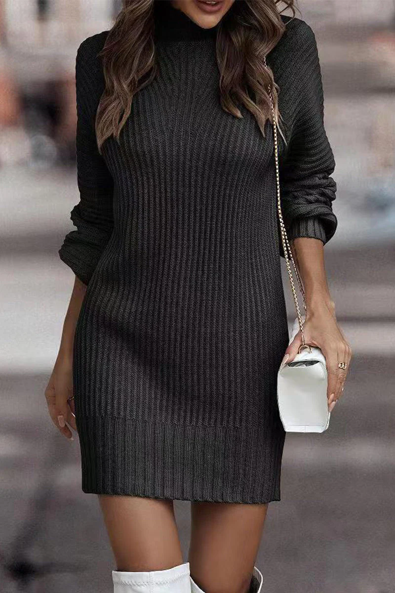 Sara | Casual solid patchwork dresses with turtleneck and one tier skirt - Image 13