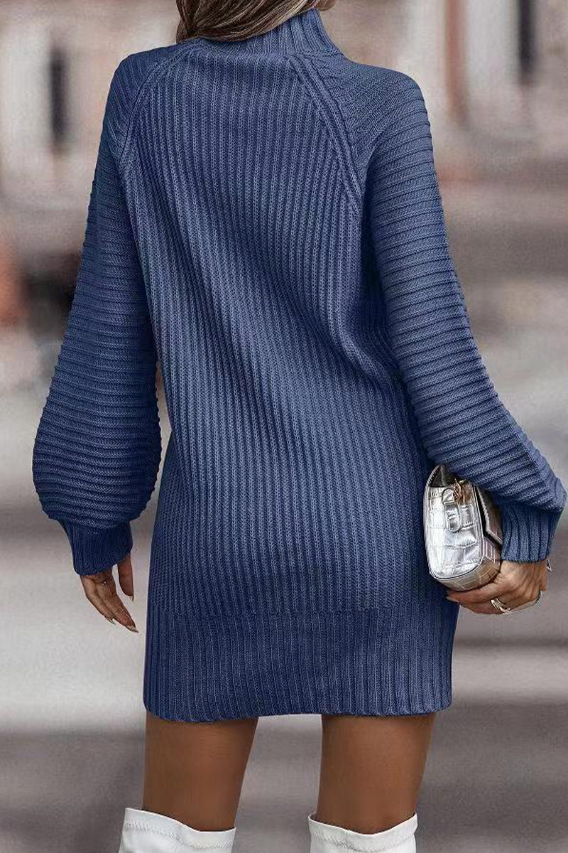 Sara | Casual solid patchwork dresses with turtleneck and one tier skirt - Image 9