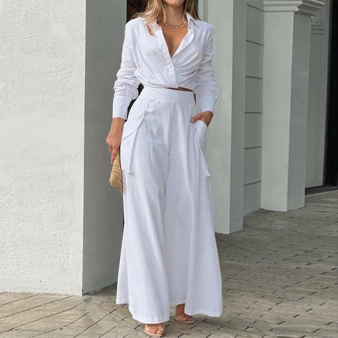 Zina® | Elegant Long-Sleeved Crop Blouse And Wide-Legged Pants - Image 2