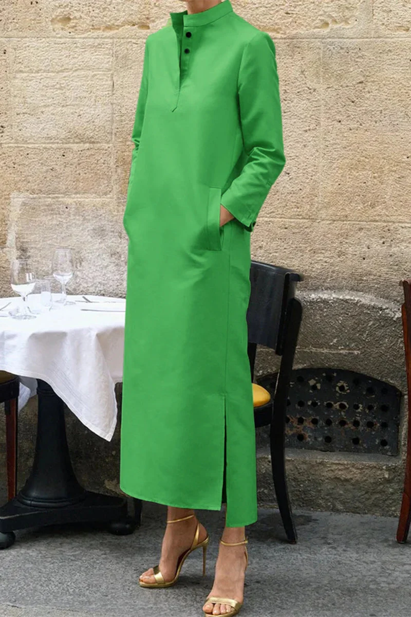 Zulema | Casual solid color long sleeve dresses with stand-up collar and pockets - Image 3