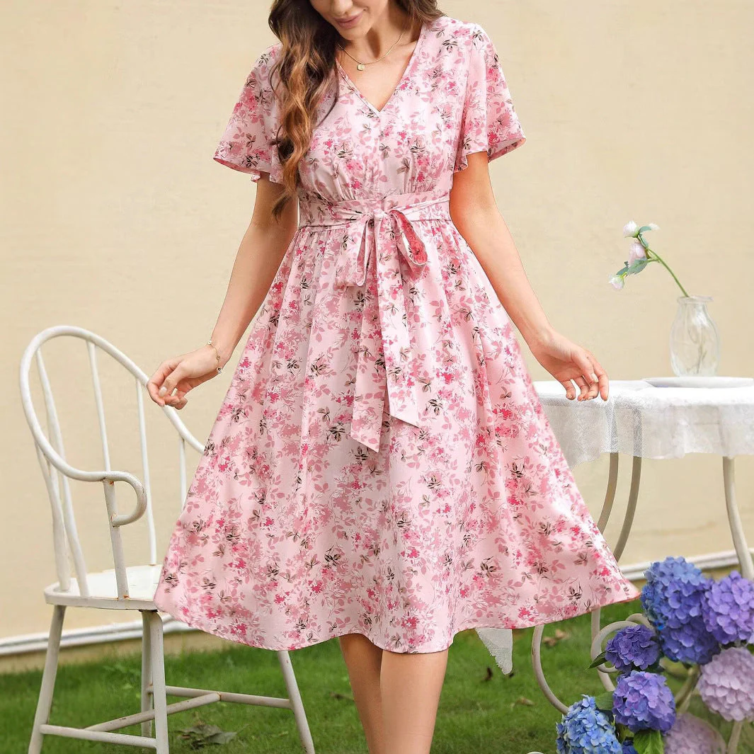 Zuleyka® | Women'S Floral Dress With V-Neck And Tailored Tie Belt